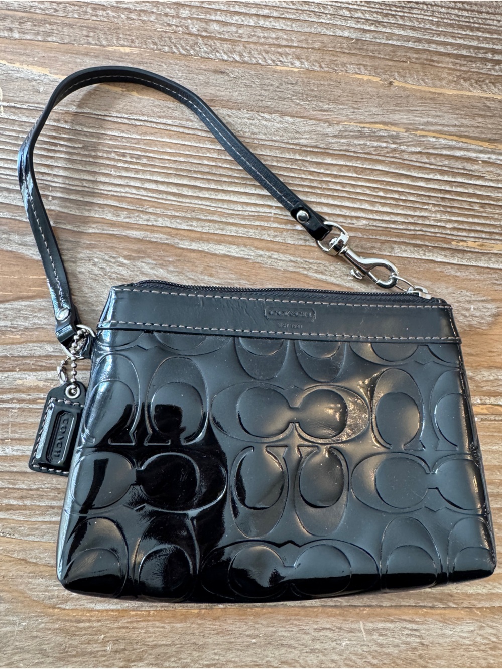 Coach Black Patent Leather Signature Wristlet with Strap